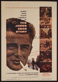 7h248 JAMES DEAN STORY WC '57 cool close up smoking artwork, was he a Rebel or a Giant?