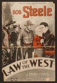 7h256 LAW OF THE WEST WC '32 artwork of cowboy Bob Steele & Drexel caught by bad guys!