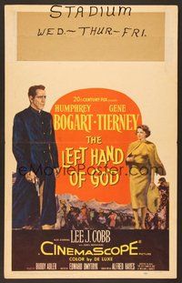 7h259 LEFT HAND OF GOD WC '55 artwork of priest Humphrey Bogart holding gun + sexy Gene Tierney!