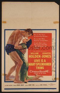 7h266 LOVE IS A MANY-SPLENDORED THING WC '55 romantic art of William Holden & Jennifer Jones!