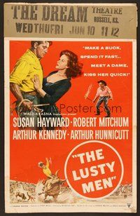 7h271 LUSTY MEN WC '52 art of Robert Mitchum with sexy Susan Hayward & riding on bull!