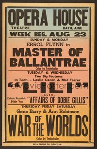 7h296 OPERA HOUSE THEATRE AUGUST 23RD WC '53 Master of Ballantrae, Lili, War of the Worlds