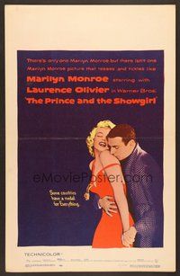 7h306 PRINCE & THE SHOWGIRL WC '57 Laurence Olivier nuzzles super sexy Marilyn Monroe's shoulder!