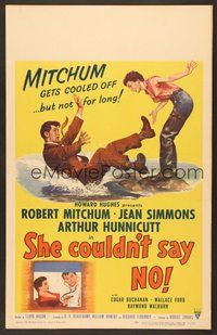 7h321 SHE COULDN'T SAY NO WC '54 sexy short-haired Jean Simmons examines Dr. Robert Mitchum!