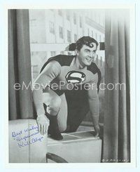 7j225 KIRK ALYN signed 8x10 REPRO still '70s great portrait in window in Superman costume!