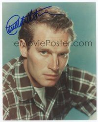 7j207 CHARLTON HESTON signed color 8x10 REPRO still '90s great youthful head & shoulders portrait!