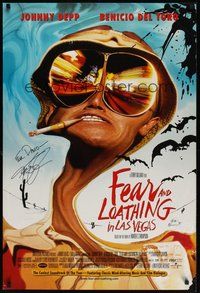 7j105 FEAR & LOATHING IN LAS VEGAS signed DS 1sh '98 by Johnny Depp, art as Hunter S. Thompson!