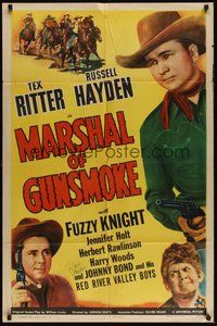 7j085 MARSHAL OF GUNSMOKE signed 1sh '44 by Johnny Bond, pictured with Tex Ritter & Russell Hayden!