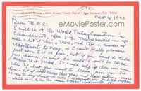7j190 ROBERT BLOCH signed postcard '90 he mentions Psycho, H.P. Lovecraft & Jack the Ripper!