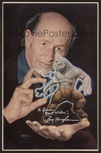 7j095 RAY HARRYHAUSEN signed 11x17 REPRO poster '00s the master animator with one of his creations!