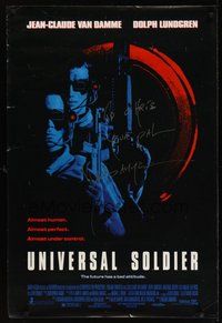 7j119 UNIVERSAL SOLDIER signed 1sh '92 by Jean-Claude Van Damme, pictured with Dolph Lundgren!