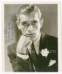 7j147 BORIS KARLOFF signed 8x9.75 still '20s the great horror actor with his hand on his chin!
