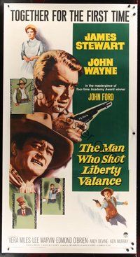 7k009 MAN WHO SHOT LIBERTY VALANCE linen 3sh '62 John Wayne & James Stewart, John Ford classic!