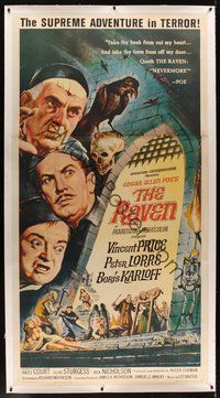 7k011 RAVEN linen 3sh '63 art of Boris Karloff, Vincent Price & Peter Lorre by Reynold Brown!