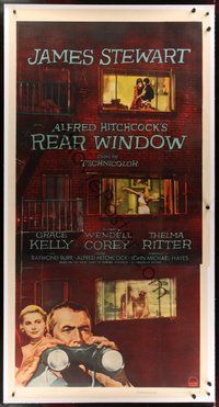 7k002 REAR WINDOW linen 3sh '54 Alfred Hitchcock, art of voyeur Jimmy Stewart & sexy Grace Kelly!