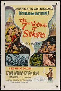 7k157 7th VOYAGE OF SINBAD linen 1sh '58 Kerwin Mathews, Ray Harryhausen fantasy classic!