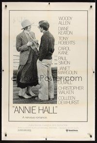 7k161 ANNIE HALL linen 1sh '77 full-length Woody Allen & Diane Keaton, a nervous romance!