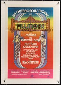 7k088 FILLMORE linen Aust 1sh '72 Grateful Dead, Santana, rock & roll concert, cool Byrd art!