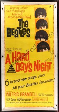7k016 HARD DAY'S NIGHT linen Aust 3sh '64 great image of The Beatles, rock & roll classic!