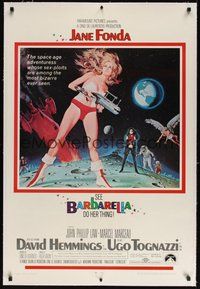 7k164 BARBARELLA linen 1sh '68 sexiest sci-fi art of Jane Fonda by Robert McGinnis, Roger Vadim!