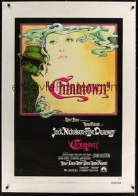 7k185 CHINATOWN linen 1sh '74 art of Jack Nicholson & Faye Dunaway by Jim Pearsall, Roman Polanski