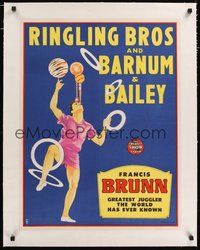 7k053 RINGLING BROS & BARNUM & BAILEY CIRCUS linen circus poster '50s art of juggler Francis Brunn!