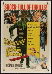 7k193 CREATURE WITH THE ATOM BRAIN linen 1sh '55 cool sci-fi art of dead man stalking his prey!