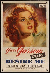 7k197 DESIRE ME linen 1sh '47 great close-up portrait artwork of pretty Greer Garson!