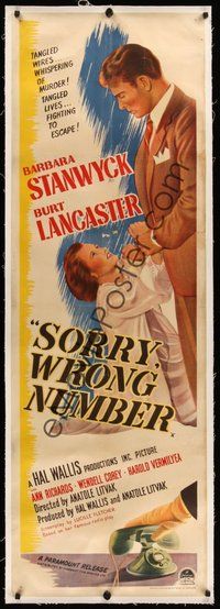 7k017 SORRY WRONG NUMBER linen English door panel '48 art of Burt Lancaster & Barbara Stanwyck!