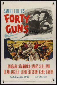 7k213 FORTY GUNS linen 1sh '57 Samuel Fuller, art of Barbara Stanwyck & Barry Sullivan on horseback!
