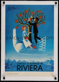 7k059 PRENDI LA FELICITA IN RIVIERA linen Italian travel poster '50s cool art by Peynet & Perfetto!