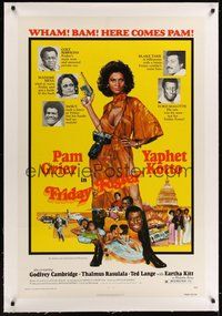 7k214 FRIDAY FOSTER linen 1sh '76 artwork of sexiest Pam Grier with gun and camera!