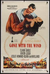 7k224 GONE WITH THE WIND linen 1sh R61 art of Clark Gable carrying Vivien Leigh!