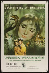 7k228 GREEN MANSIONS linen 1sh '59 cool art of Audrey Hepburn & Anthony Perkins by Joseph Smith!