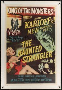 7k234 HAUNTED STRANGLER linen 1sh '58 creepy Boris Karloff marked their death by their wild beauty!