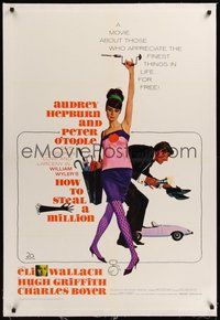 7k245 HOW TO STEAL A MILLION linen 1sh '66 art of sexy Audrey Hepburn & Peter O'Toole by McGinnis!