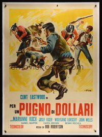 7k022 FISTFUL OF DOLLARS linen Italian 1p R1966 Sergio Leone, Clint Eastwood, art by Sandro Symeoni!