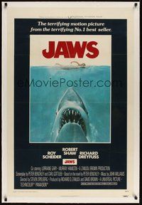 7k255 JAWS linen int'l 1sh '75 art of Steven Spielberg's classic man-eating shark attacking sexy swimmer!