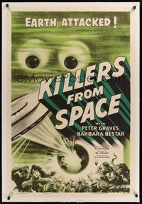 7k258 KILLERS FROM SPACE linen 1sh '54 bulb-eyed men invade Earth from flying saucers, cool art!