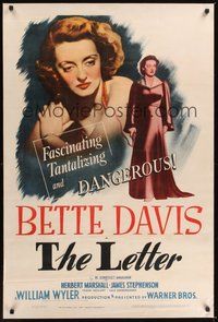 7k265 LETTER linen 1sh '40 fascinating & dangerous Bette Davis close up & full-length!