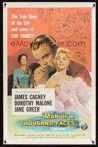7k274 MAN OF A THOUSAND FACES linen 1sh '57 art of James Cagney as Lon Chaney Sr. by Reynold Brown!
