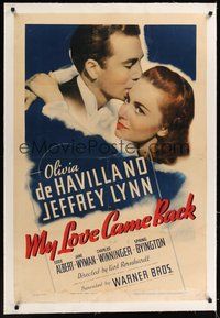 7k281 MY LOVE CAME BACK linen 1sh '40 great romantic close up of Olivia de Havilland & Jeffrey Lynn!