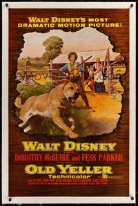 7k289 OLD YELLER linen 1sh '57 Dorothy McGuire, Fess Parker, art of Disney's most classic canine!