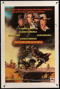 7k290 ONCE UPON A TIME IN THE WEST linen 1sh '69 Leone, art of Cardinale, Fonda, Bronson & Robards!