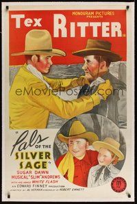 7k292 PALS OF THE SILVER SAGE linen 1sh '40 cool stone litho of Tex Ritter getting tough!