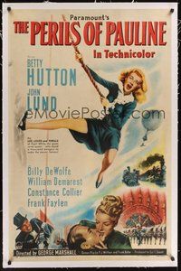 7k297 PERILS OF PAULINE linen 1sh '47 art of Betty Hutton as silent screen heroine swinging on rope!