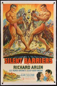 7k316 SILENT BARRIERS linen style B 1sh '37 art of two giants tearing down mountain, Richard Arlen