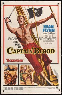 7k320 SON OF CAPTAIN BLOOD linen 1sh '62 giant full-length image of barechested pirate Sean Flynn!