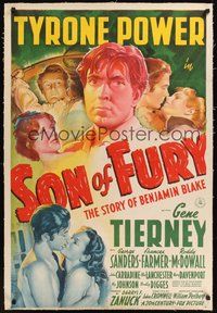 7k321 SON OF FURY linen 1sh '42 stone litho of Tyrone Power w/sexy Gene Tierney + Frances Farmer!