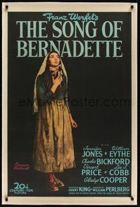7k322 SONG OF BERNADETTE linen style B 1sh '43 art of angelic Jennifer Jones by Norman Rockwell!